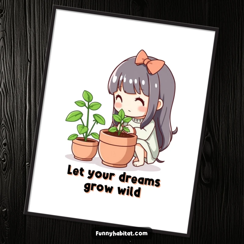 Funny Free Printable Wall Art of a cute character attentively tending to a small, healthy, flourishing plant in a terracotta pot.