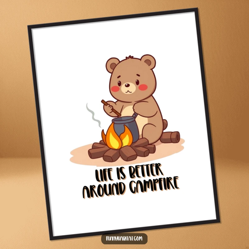 Funny Free Printable Wall Art: A cheerful bear happily stirs a bubbling pot over a small, cozy campfire, radiating contentment.
