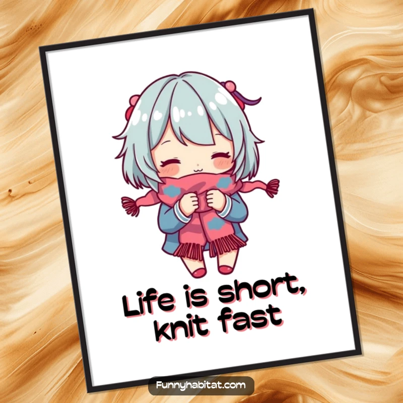 Funny Free Printable Wall Art: A character engrossed in knitting a vibrant, colorful scarf, adding cozy vibes.