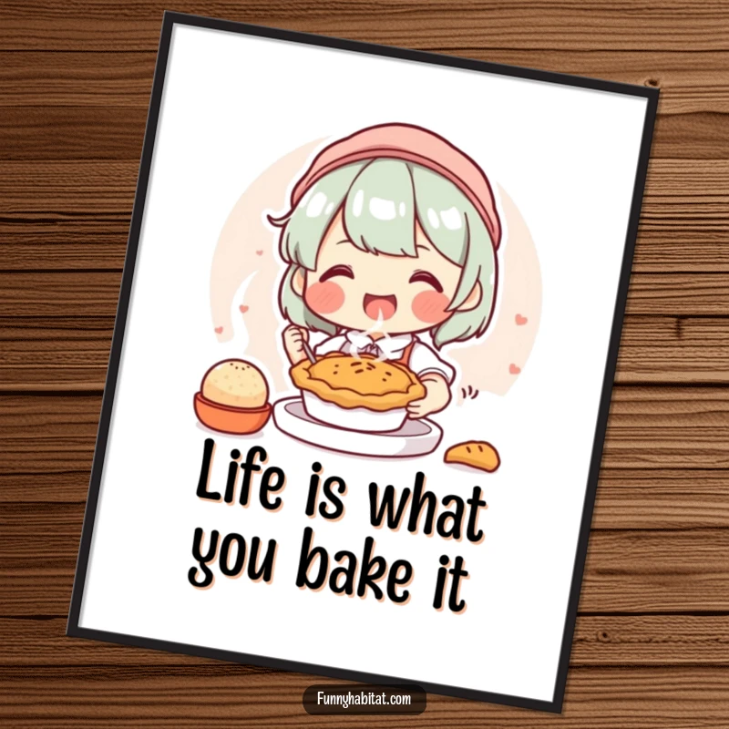 Funny Free Printable Wall Art: A joyful character proudly holding a steaming, freshly baked pie, ready to be shared.