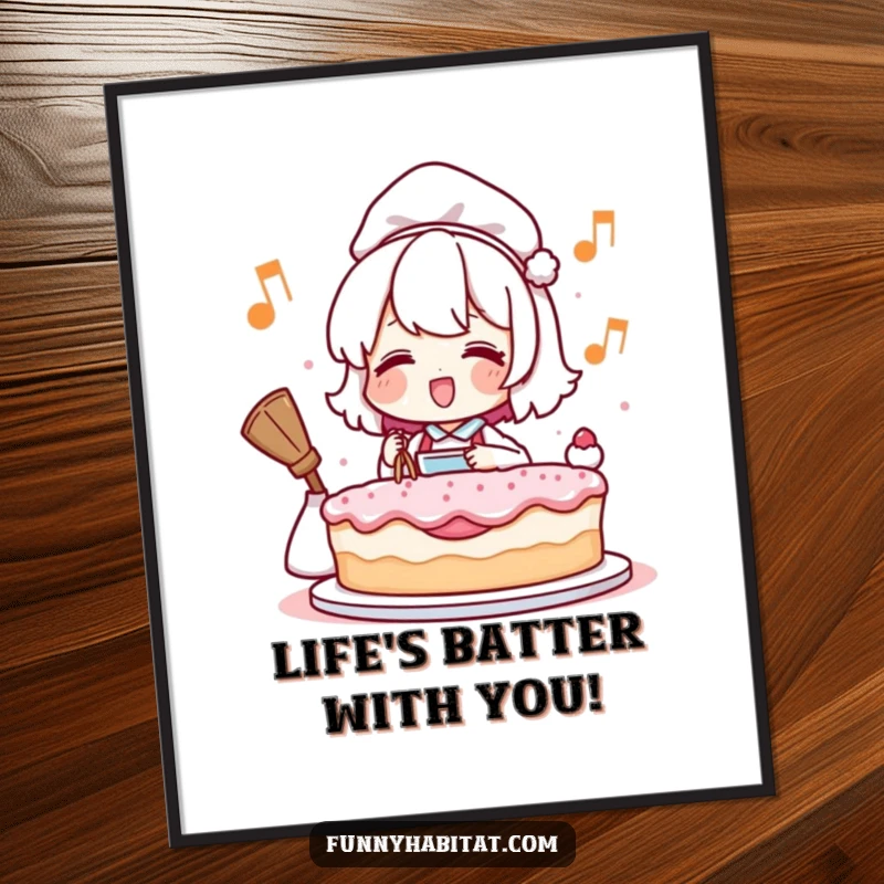 Funny free printable wall art depicting a character joyfully humming while baking a cake, adding a touch of kitchen humor.