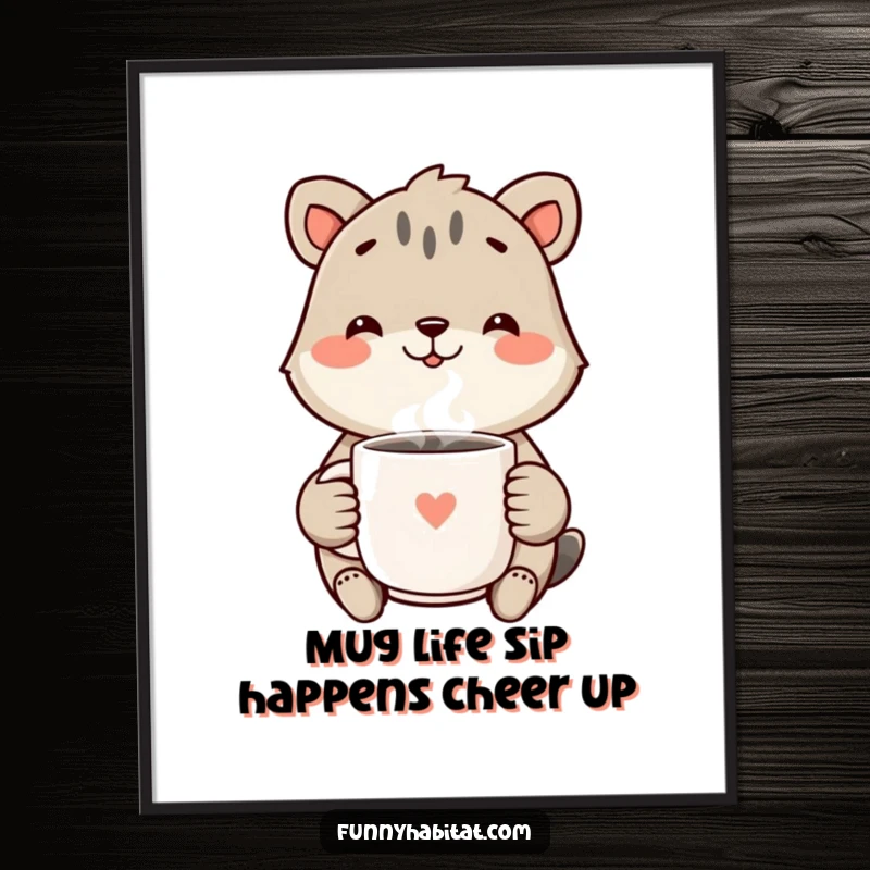 Funny free printable wall art of a cheerful animal character holding a steaming mug, radiating warmth and humorous good vibes.