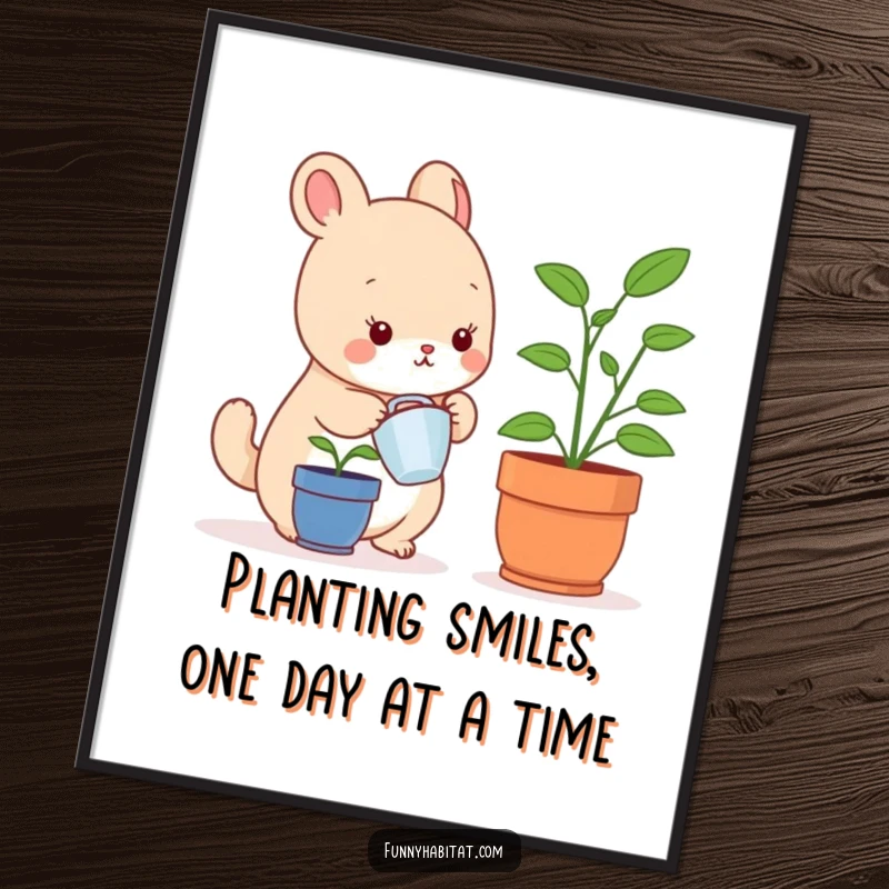 Funny Free Printable Wall Art: Small, happy animal character diligently watering a tiny potted plant indoors, symbolizing growth.