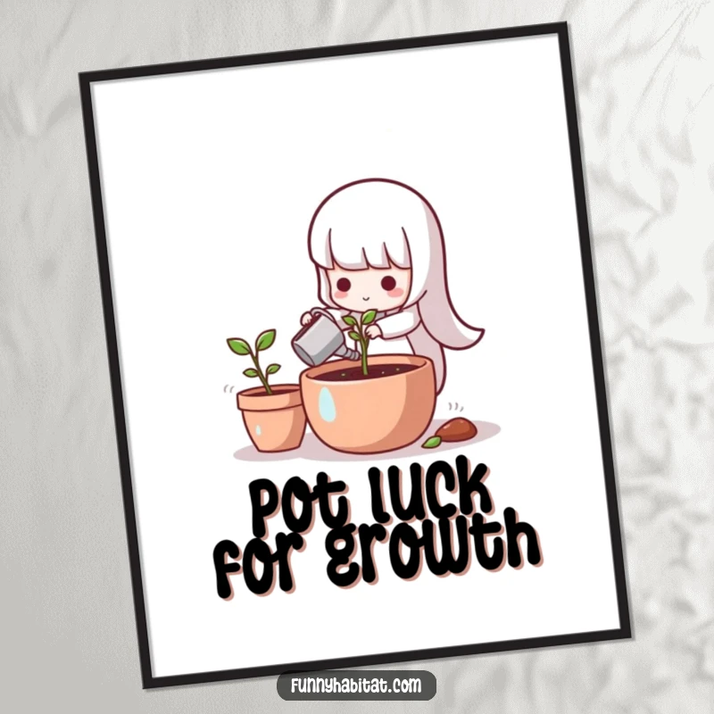 Funny Free Printable Wall Art: A cute character gently waters a tiny sprout in a sunlit pot, evoking peace.