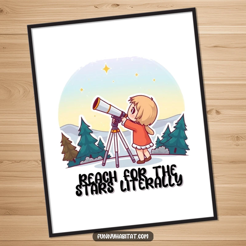 Funny Free Printable Wall Art: A character gazes through a telescope at a vast, starry night sky, filled with wonder and curiosity.