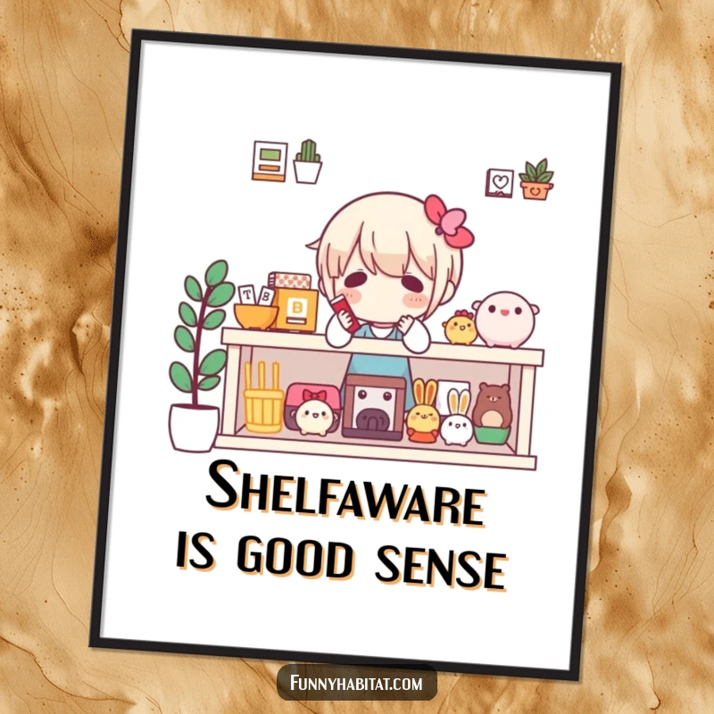 Funny Free Printable Wall Art: A character carefully arranges a charming collection of favorite objects on a beautifully styled shelf.