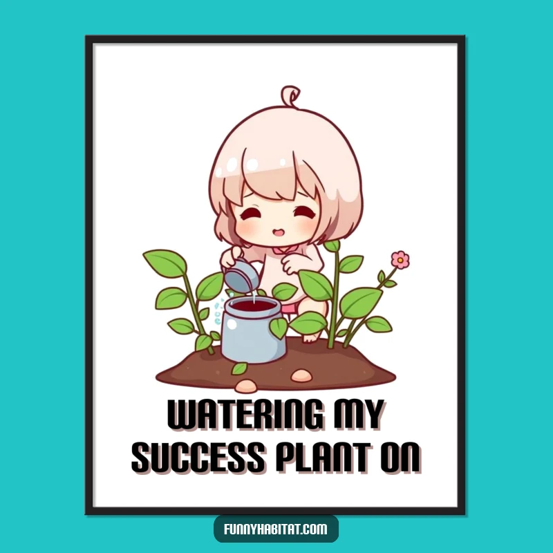 Funny Free Printable Wall Art: Enthusiastic Plant Watering, Downloadable Nature Decor