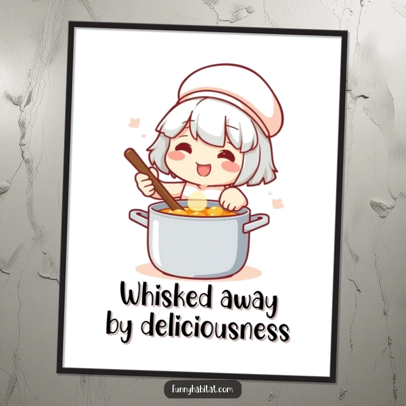 Funny Free Printable Wall Art: A character energetically stirring a pot, smiling with joy during cooking, a charming downloadable art.