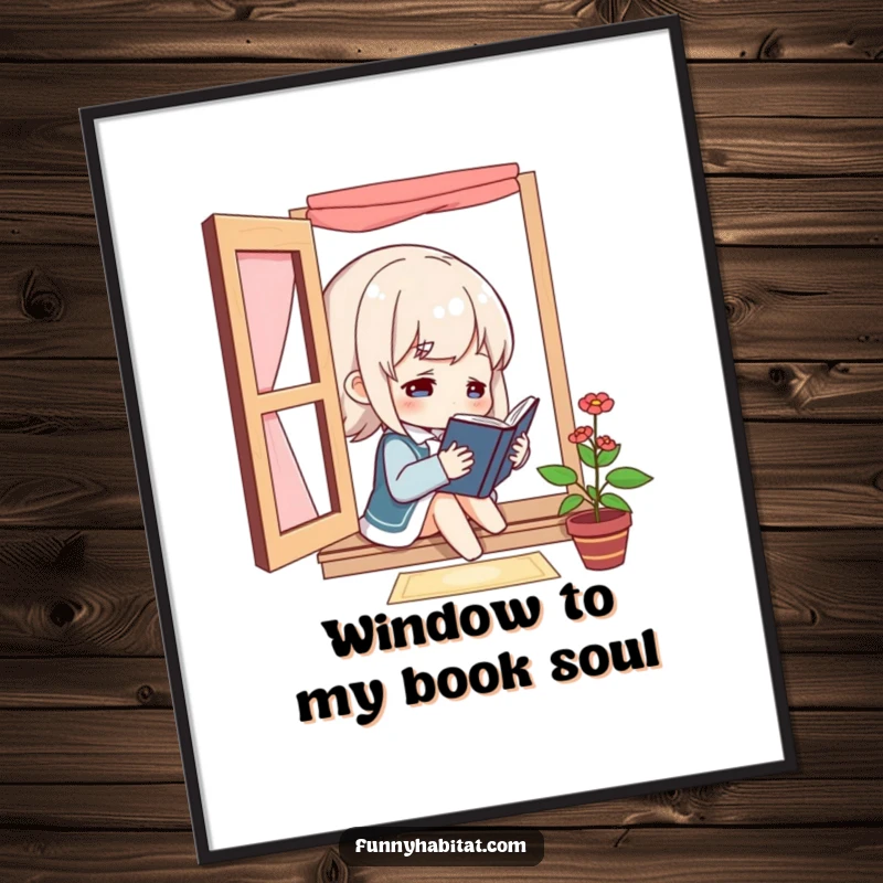 Free printable wall art depicting a character lost in a book by a window, perfect for a calm and studious atmosphere.