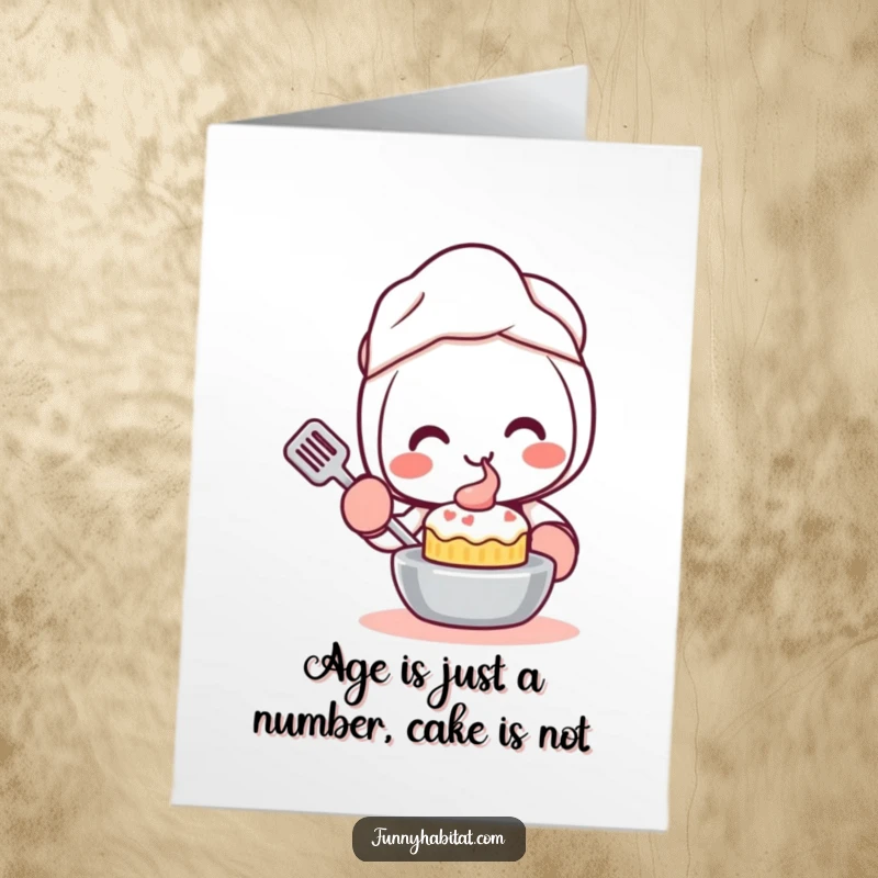 Funny Free Printable Birthday Card featuring a smiling Kawaii character in oven mitts, enthusiastically baking a small cake for a celebration.