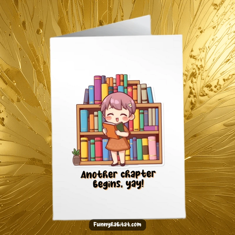 Funny Free Printable Birthday Card showing a character joyfully organizing a vibrant, colorful bookshelf, celebrating a love for books.