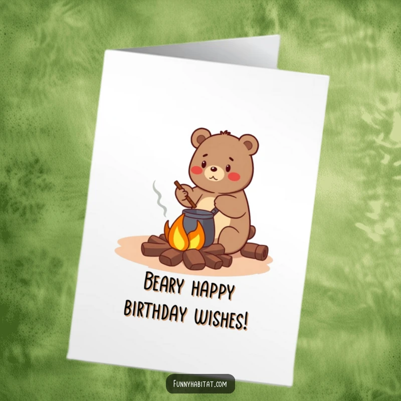 Funny Free Printable Birthday Card: A happy bear stirs a pot over a small campfire, celebrating a birthday with yummy warmth.
