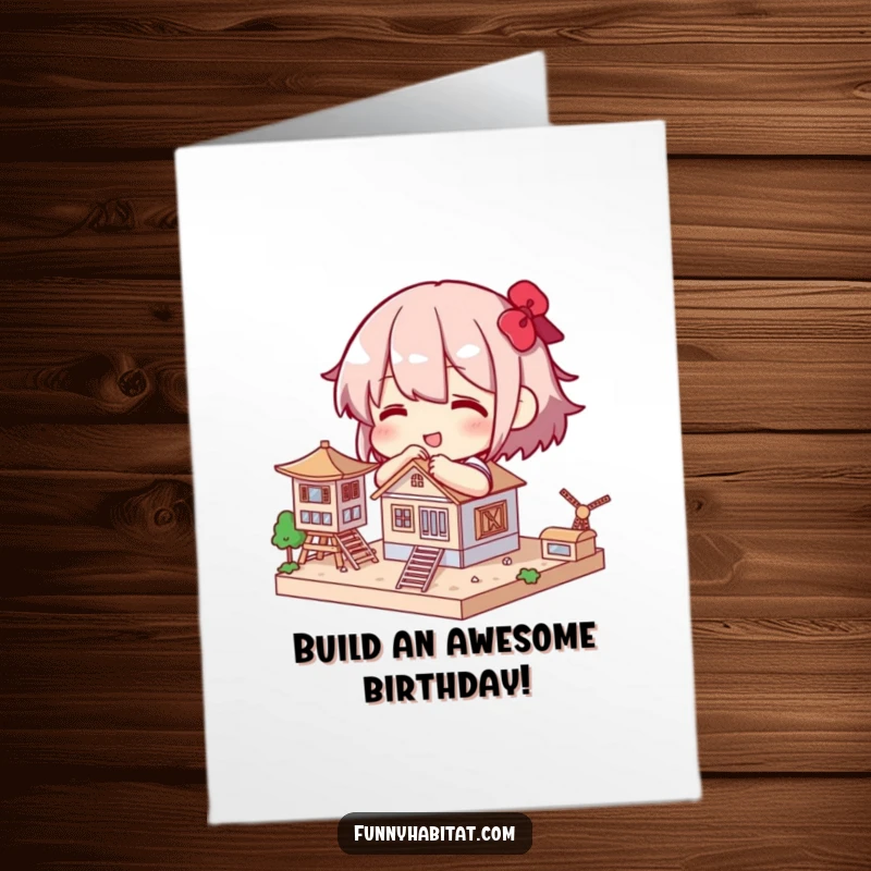 Funny Free Printable Birthday Card: A character concentrates on building a small, detailed model with a proud smile.