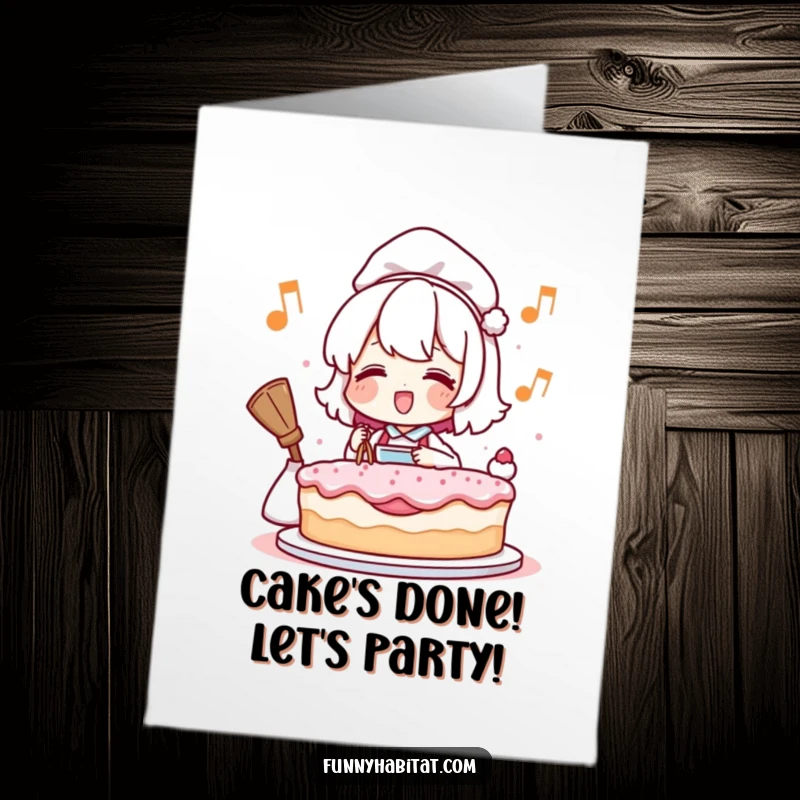 Funny free printable birthday card featuring a character humming happily while baking a delicious cake, ready for a celebration.