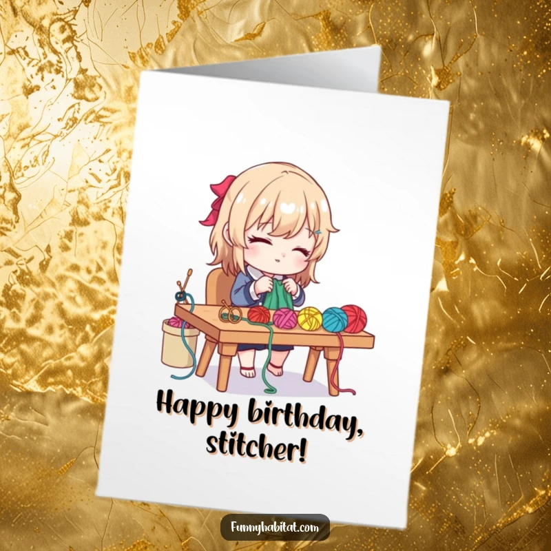 Funny Free Printable Birthday Card: Character diligently knitting with colorful yarn and needles at a desk, celebrating creativity.