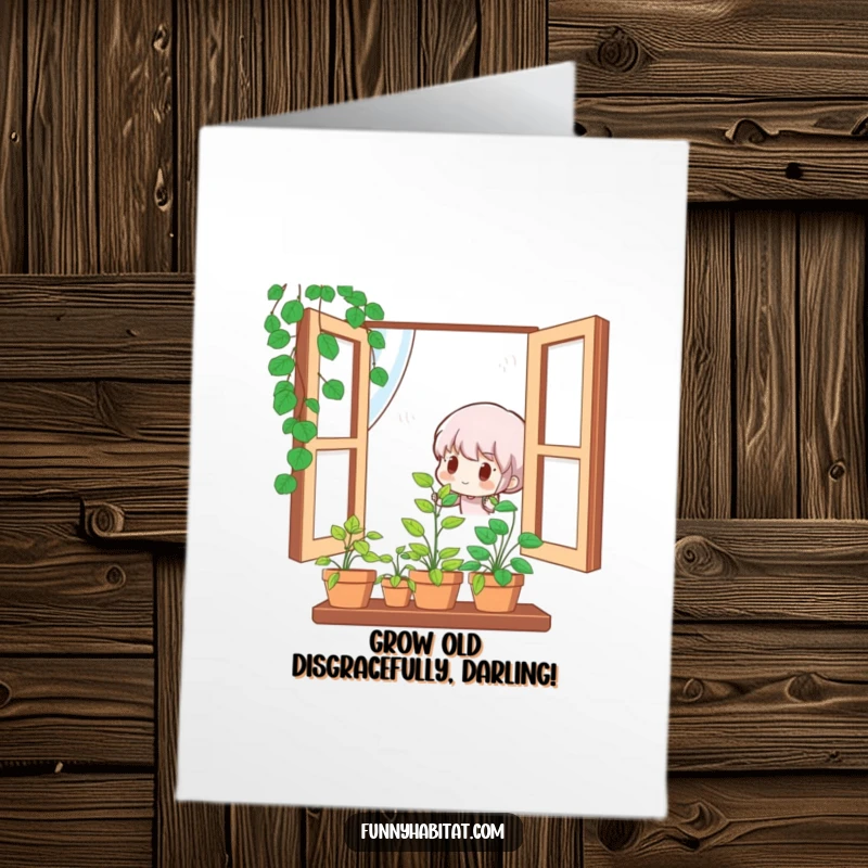 Funny Free Printable Birthday Card: Cute character watering a vibrant potted plant, spreading birthday cheer with a smile.