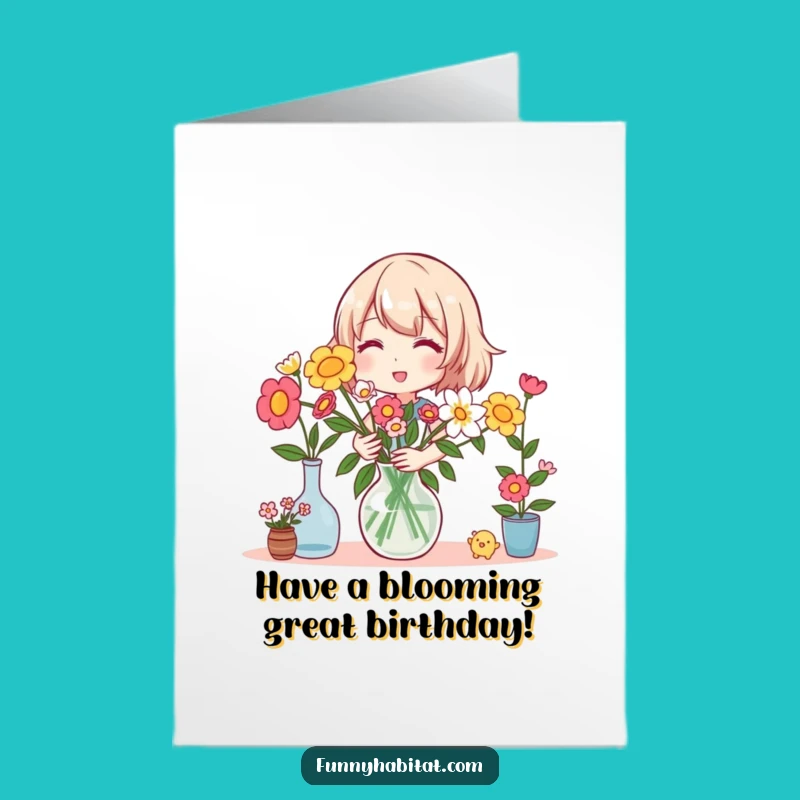 Free Printable Birthday Card: Flower Arranging Character, Joyful, Funny Downloadable Greeting