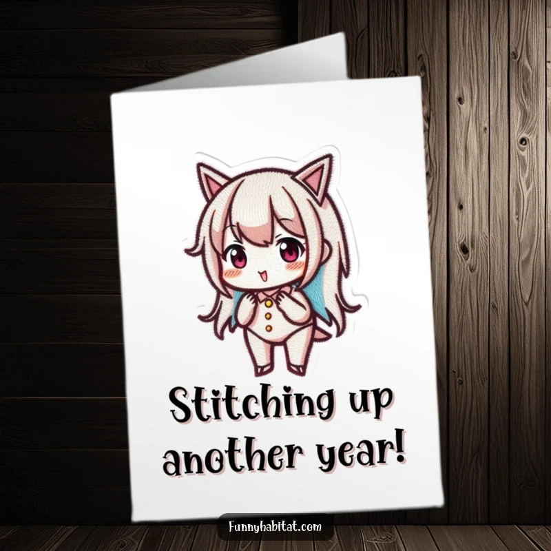 Funny Free Printable Birthday Card: A focused character meticulously embroiders a beautiful, detailed design on fabric.