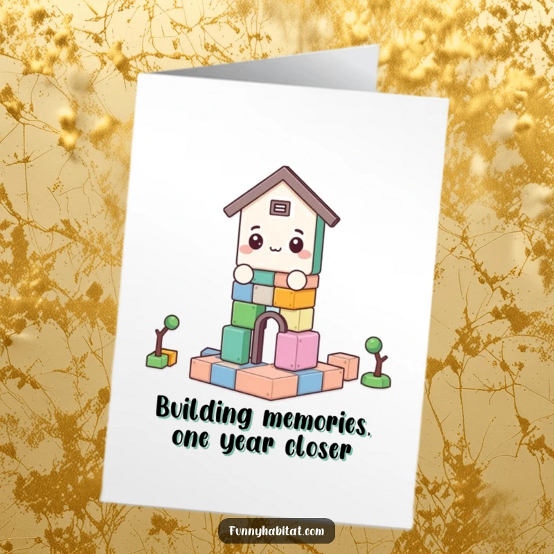 Funny Free Printable Birthday Card: A cute character struggles hilariously building with colorful blocks, perfect for a laugh.