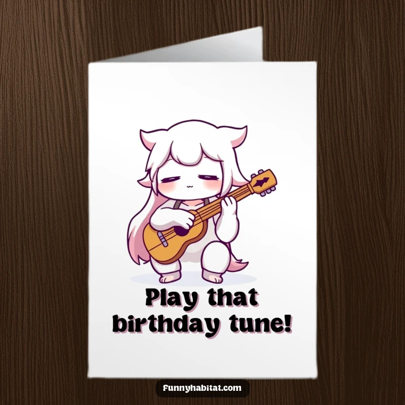 Funny Free Printable Birthday Card of a musician character playing an instrument with eyes closed in pure, contented concentration.