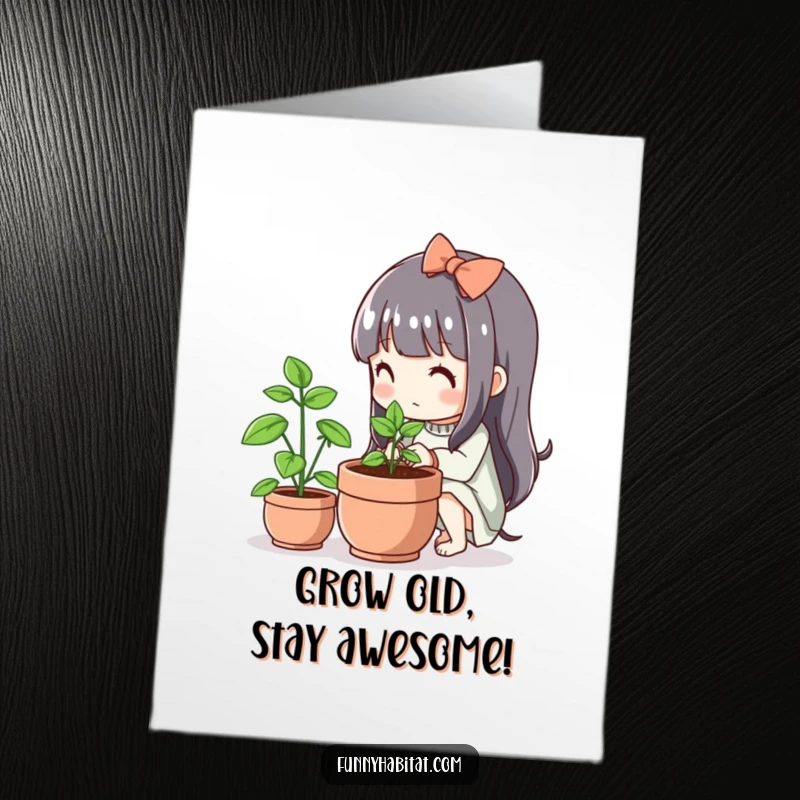 Funny Free Printable Birthday Card showing a cute character gently tending to a small, vibrant, flourishing plant in a pot.