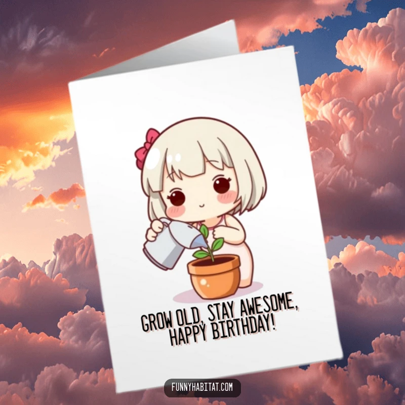 Funny Free Printable Birthday Card of a cute character happily and tenderly watering a small, vibrant potted plant.