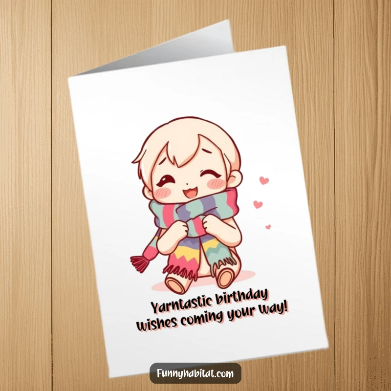 Funny free printable birthday card: Contented character humorously knitting a long, colorful scarf, expressing joy and relaxation.