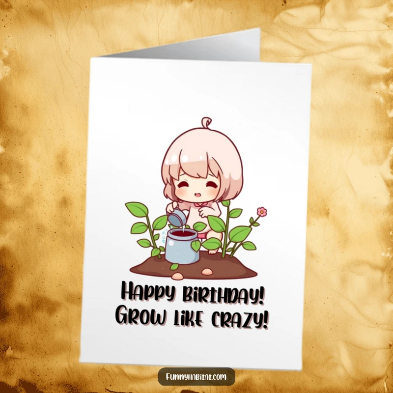 Funny Free Printable Birthday Card: A character happily waters a lush plant, symbolizing growth and good wishes, downloadable art.