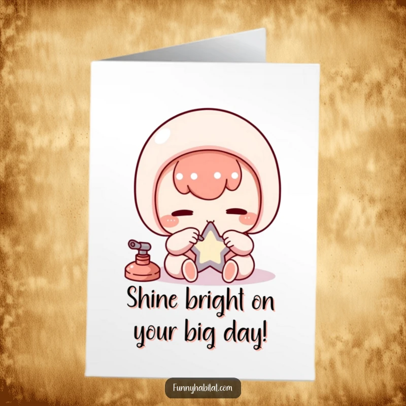 Funny Free Printable Birthday Card featuring a diligent Kawaii character meticulously polishing a small, gleaming star-shaped object with care.