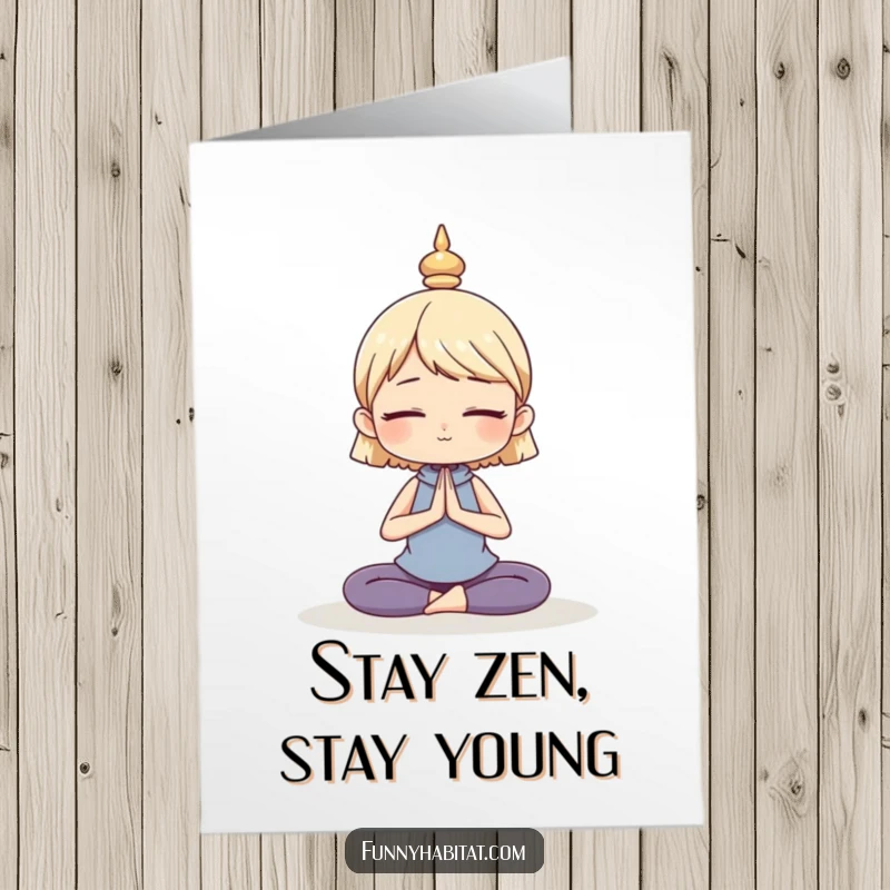 Funny Free Printable Birthday Card: A character in a serene yoga pose, embodying peace and mindful celebration.