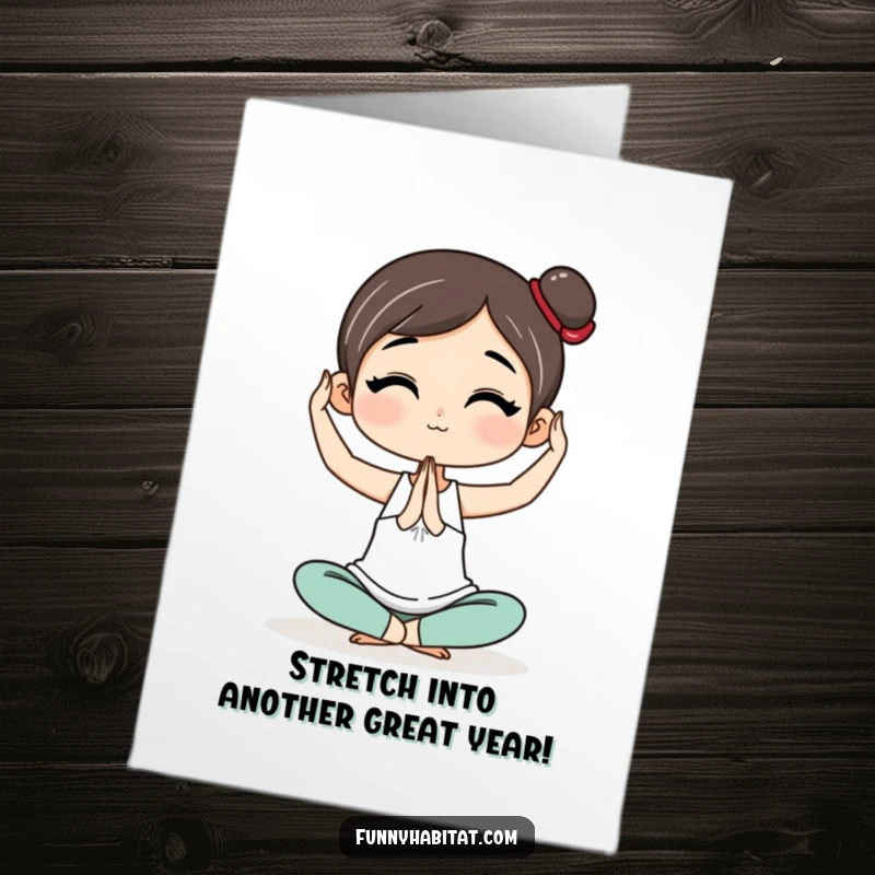Funny Free Printable Birthday Card showing a character in a graceful yoga pose, a serene downloadable gift for wellness.