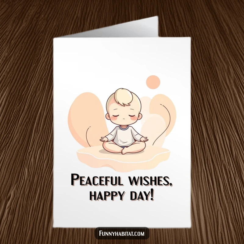 Funny Free Printable Birthday Card: A character meditating peacefully surrounded by soft, swirling abstract shapes, downloadable gift.