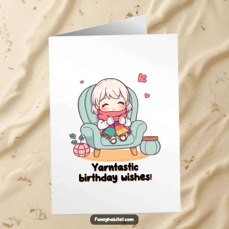 Funny Free Printable Birthday Card: Cute character knitting a multi-colored scarf, looking cozy and relaxed while crafting.