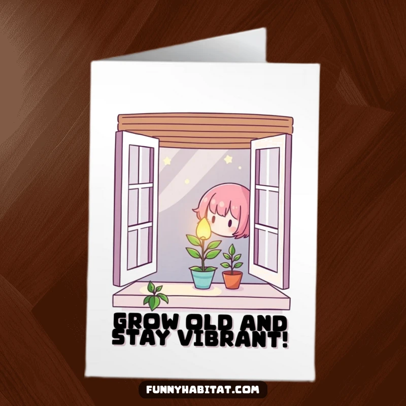 Free Printable Birthday Card: A character gently tending a tiny, glowing plant in a window, symbolizing growth and happiness.