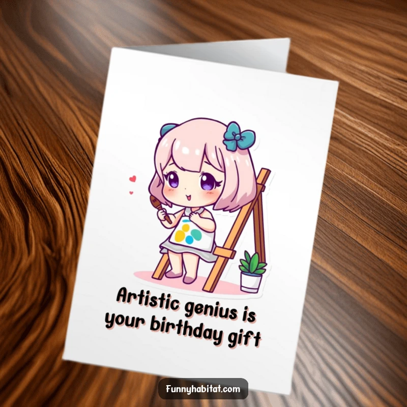 Funny Free Printable Birthday Card featuring an artist character joyfully painting a colorful canvas, ready to celebrate.