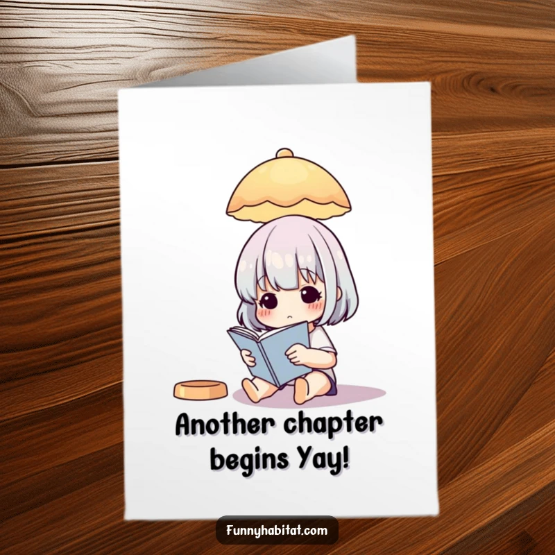 Funny free printable birthday card with a character engrossed in a book under a warm lamp, a cozy and humorous scene.