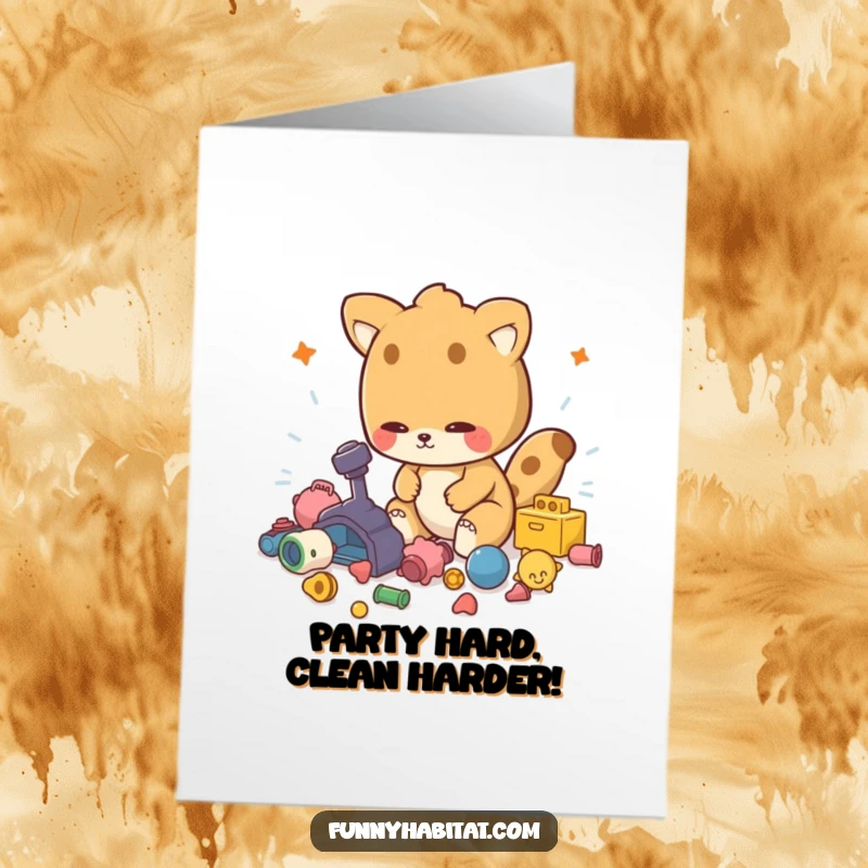 Funny Free Printable Birthday Card: Animal character energetically tidying up scattered toys, a cute helper.