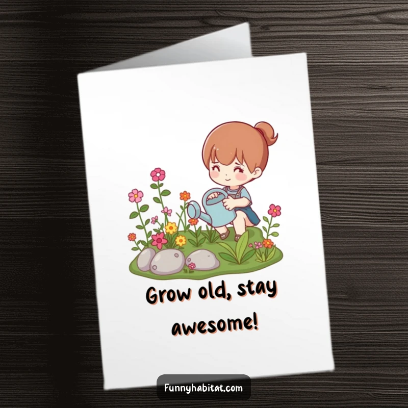 Funny Free Printable Birthday Card: Cheerful character watering a tiny, colorful garden, symbolizing growth and joy.