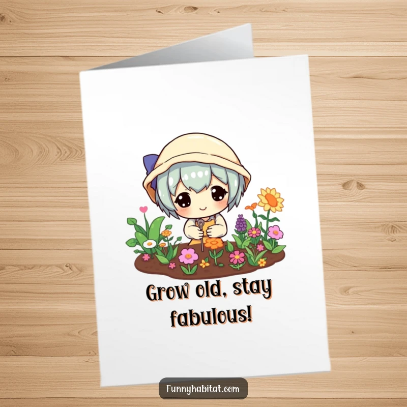 Funny Free Printable Birthday Card: A character joyfully tending a tiny, colorful garden, celebrating growth and happiness.