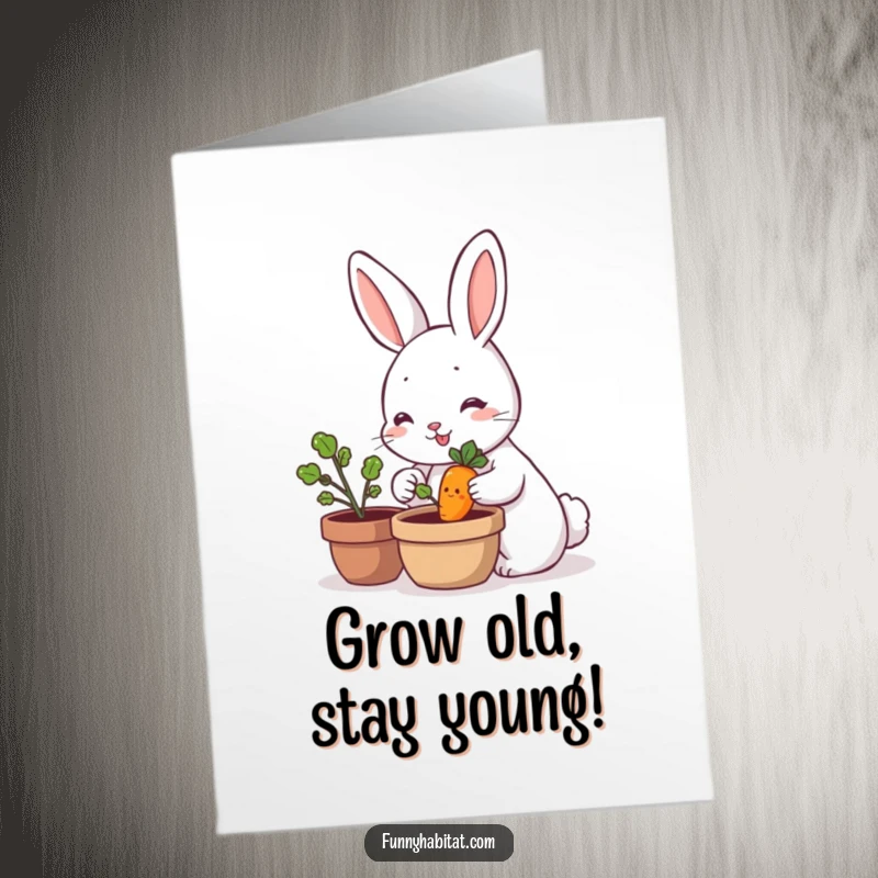 Funny Free Printable Birthday Card: A happy rabbit lovingly waters a tiny, smiling carrot plant, celebrating a birthday with laughter.
