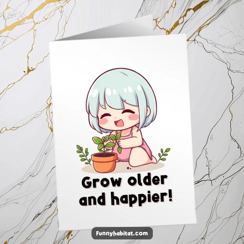 Funny Free Printable Birthday Card: Cheerful character carefully tending to a small potted plant, wishing happy birthday.