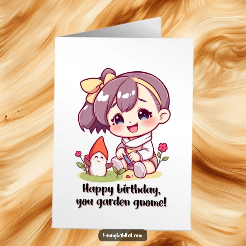 Funny Free Printable Birthday Card: Character smiles while tending a tiny garden gnome, a sweet and downloadable art.