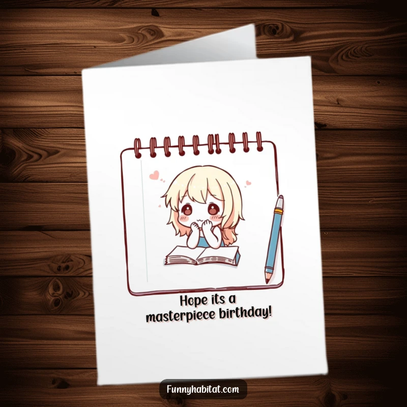 Funny free printable birthday card: Character sketching thoughtfully in a notebook, brainstorming ideas with a pensive look.
