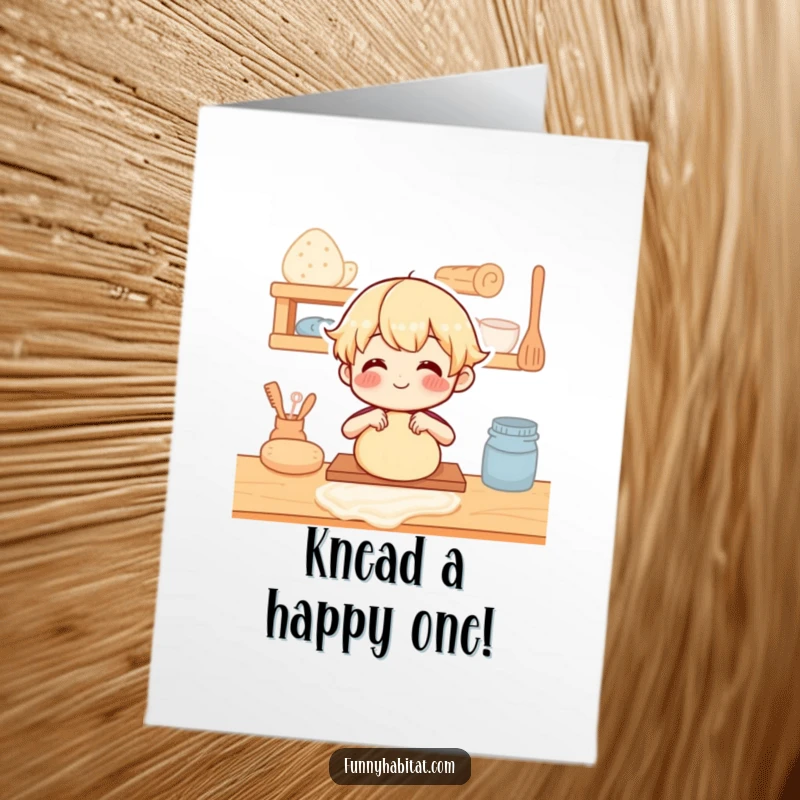 Funny free printable birthday card with a character joyfully kneading dough on a wooden counter, celebrating with baked goods.