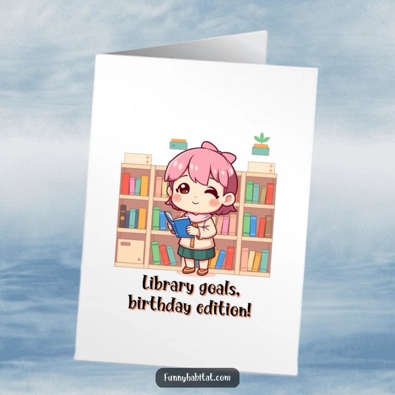 Funny Free Printable Birthday Card: A character joyfully arranges tiny books on shelves, a proud bookworm's delight.