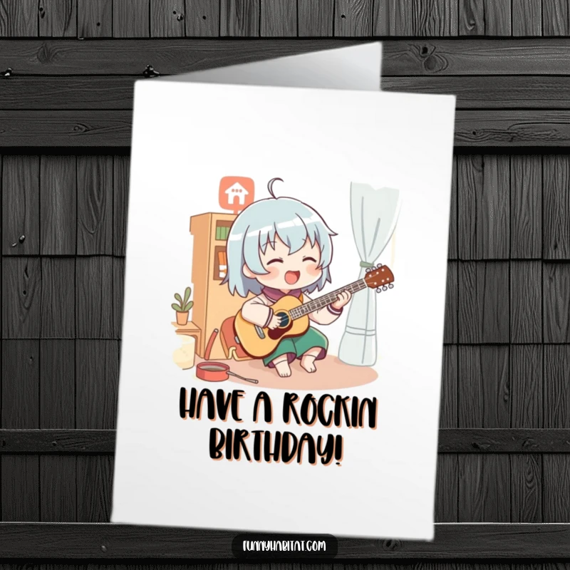 Funny free printable birthday card of a character enthusiastically playing a musical instrument in a cozy room.