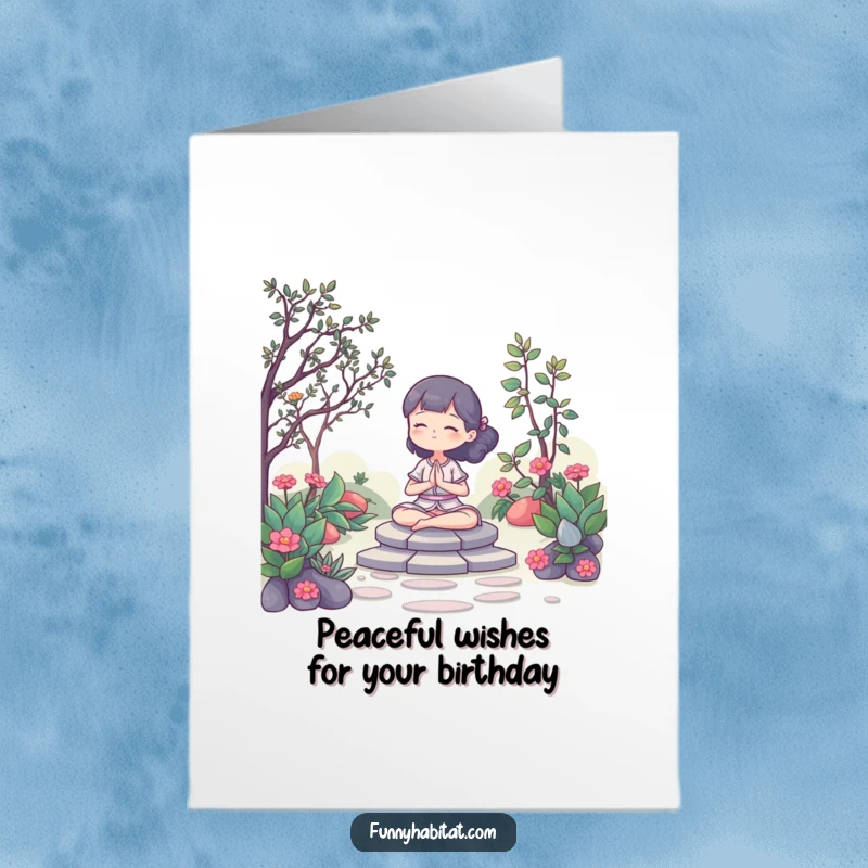 Funny Free Printable Birthday Card: A character meditates peacefully in a serene garden, radiating calm.