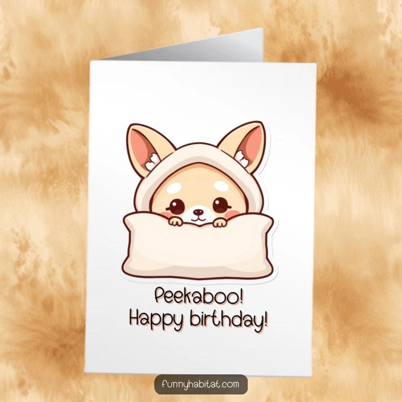 Funny Free Printable Birthday Card: Curious animal character peeking out from behind a comfortable cushion, full of playful intrigue.