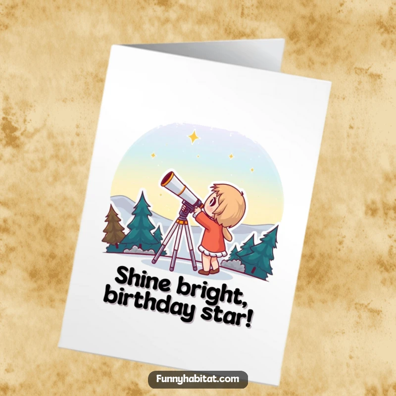 Funny Free Printable Birthday Card: A character peers through a telescope at a sparkling night sky with awe.