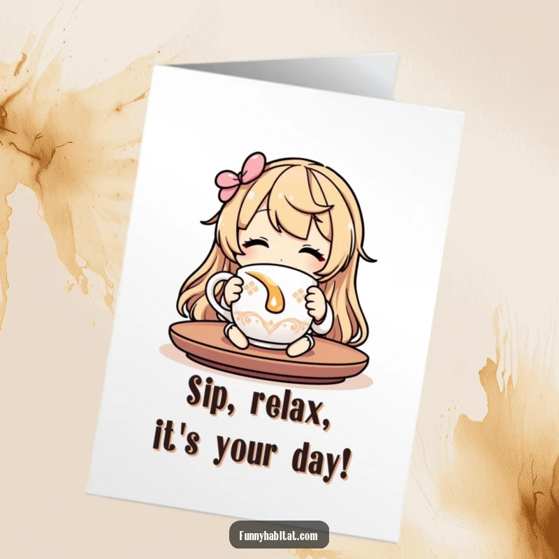Funny Free Printable Birthday Card of a character happily sipping tea from a charming mug, radiating pure relaxation and contentment.